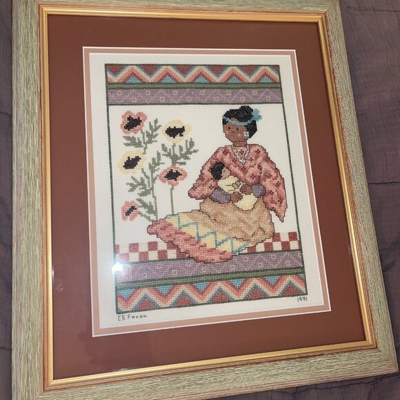 Native American Southwest Needle Point Cross Stitch Framed And Matted Set of 2 - Picture 4 of 10